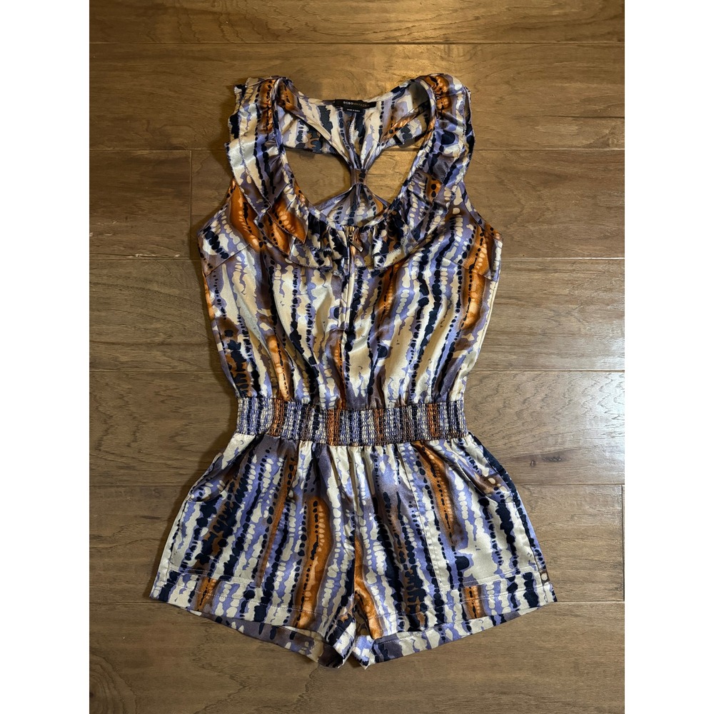 BCBGMAXAZRIA Womens XS Abstract Ikat Print Ruffle Smocked Waist Romper‎ Blue